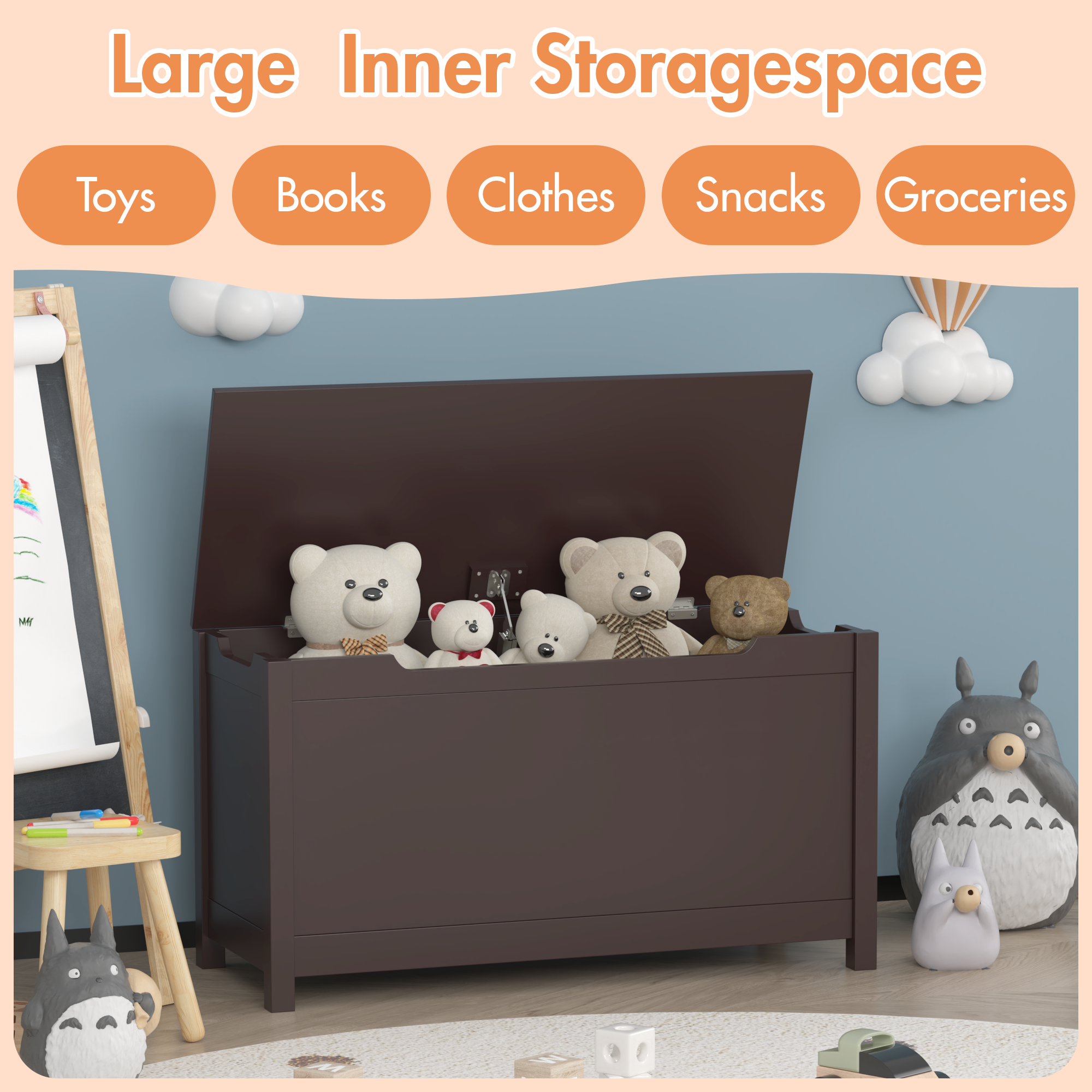 Kids Wooden Toy Box Storage with Safety Hinged Lid for Ages 2+ (Coffee) | Premium Home Decor - Grand Goldman