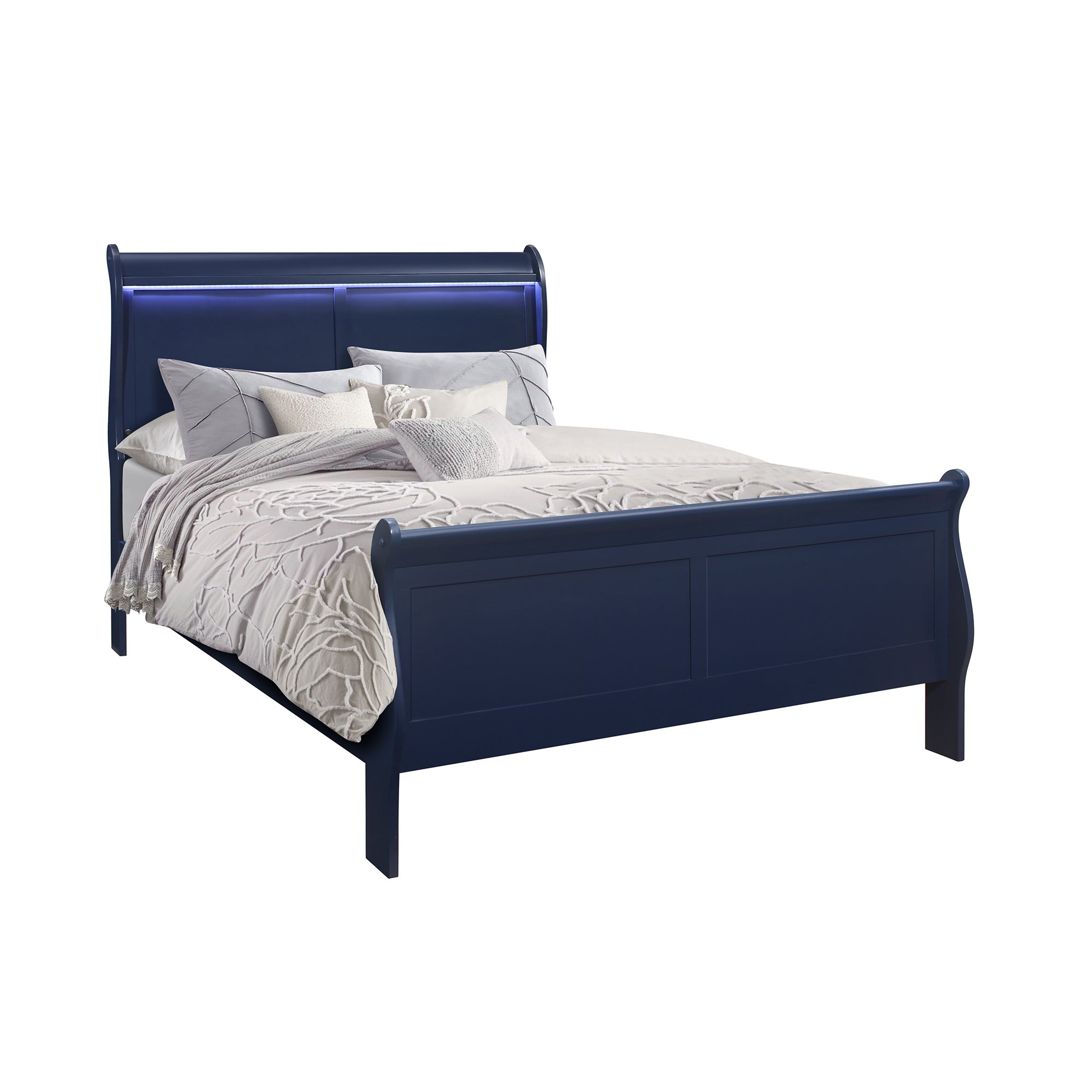 Charlston Sleigh Style 5-Piece Bedroom Set with LED Headboard in Blue Solid Wood and MDF - Grand Goldman Shop