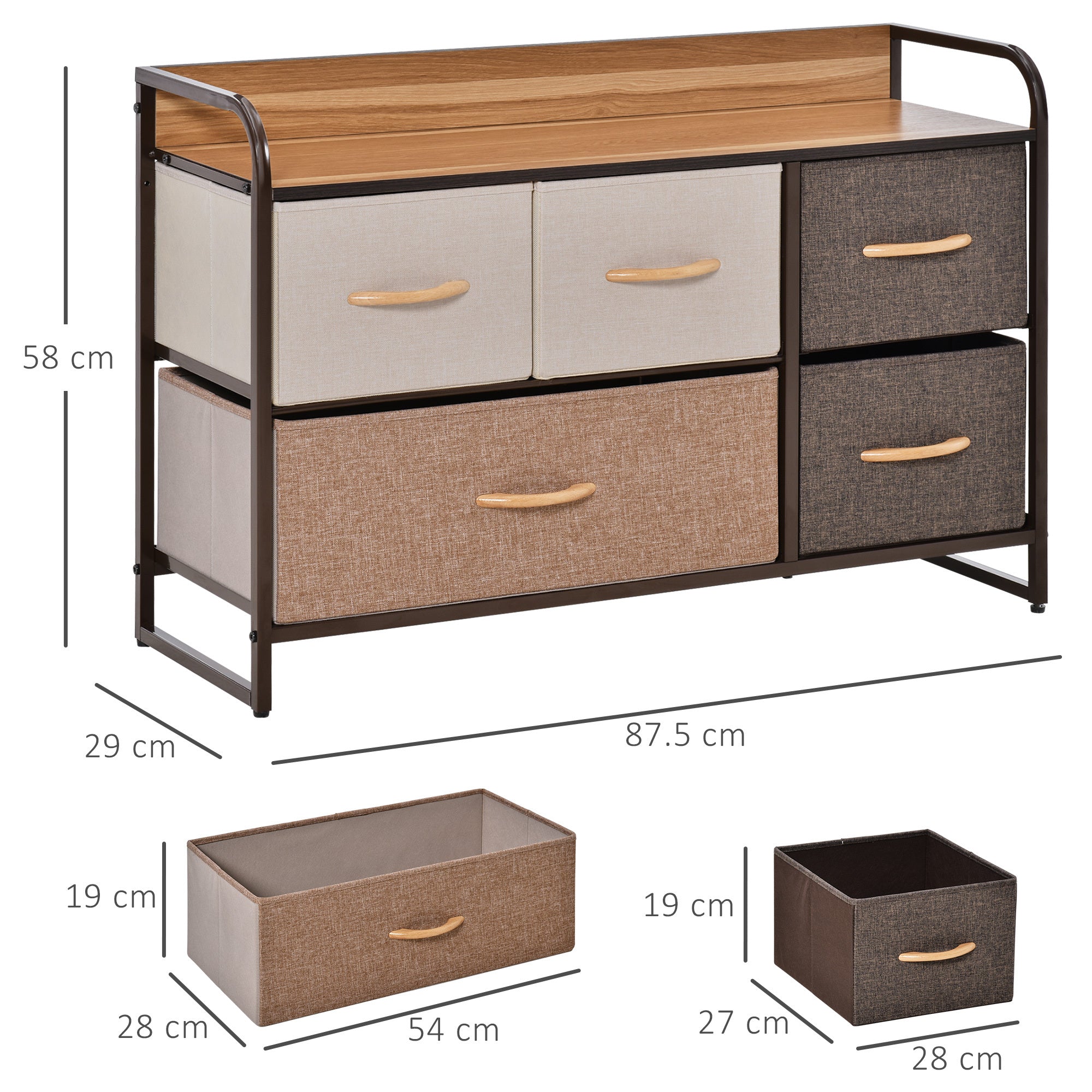 HOMCOM 5-Drawer Dresser, Fabric Chest of Drawers, 2-Tier Storage Organizer for Bedroom Entryway, Tower Unit with Steel Frame Wooden Top, Maple Wood - Grand Goldman Shop