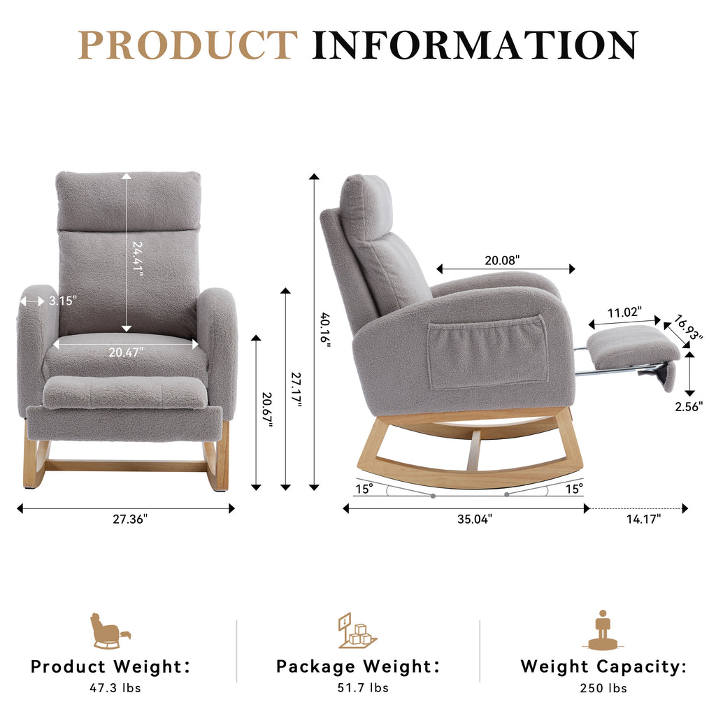 015B-Teddy Fabric Leisure Rocking Chair,Nursery Rocking Chair With Adjustable Footstool,Thickened Headrest And High Backrest, Storage Pocket On The Right Side,The Base Rocker Is Solid Wood,Light Gray - Grand Goldman Shop