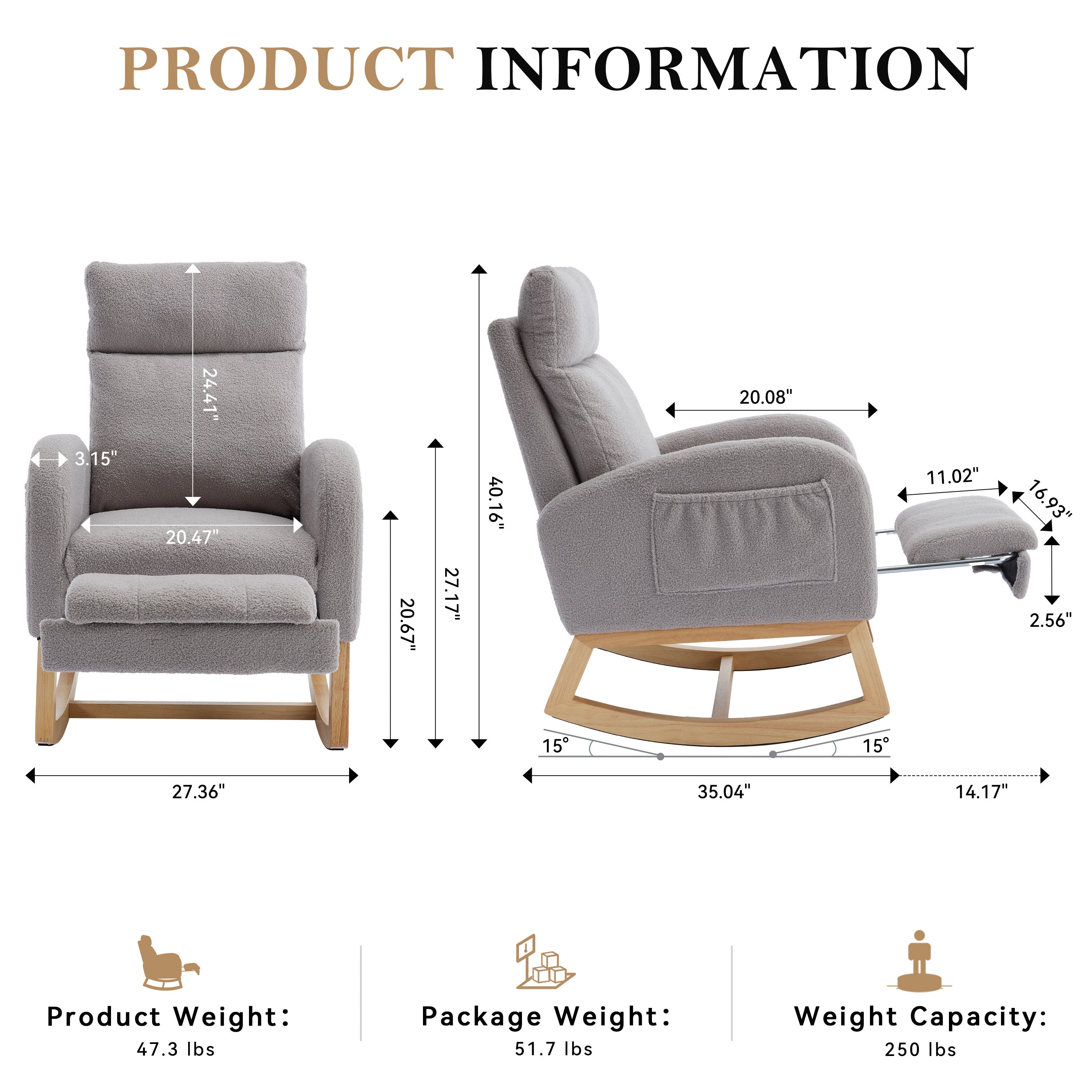 015B-Teddy Fabric Leisure Rocking Chair,Nursery Rocking Chair With Adjustable Footstool,Thickened Headrest And High Backrest, Storage Pocket On The Right Side,The Base Rocker Is Solid Wood,Light Gray - Grand Goldman Shop