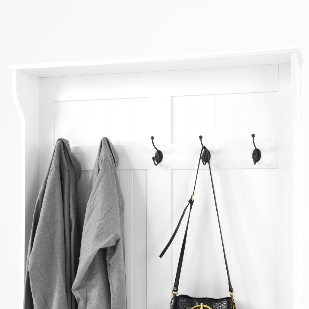 Entryway Bench with Standing Coat Rack, Hall Tree with Shoe Storage Bench, Entryway Organizer with 5 Hooks, White - Grand Goldman Shop
