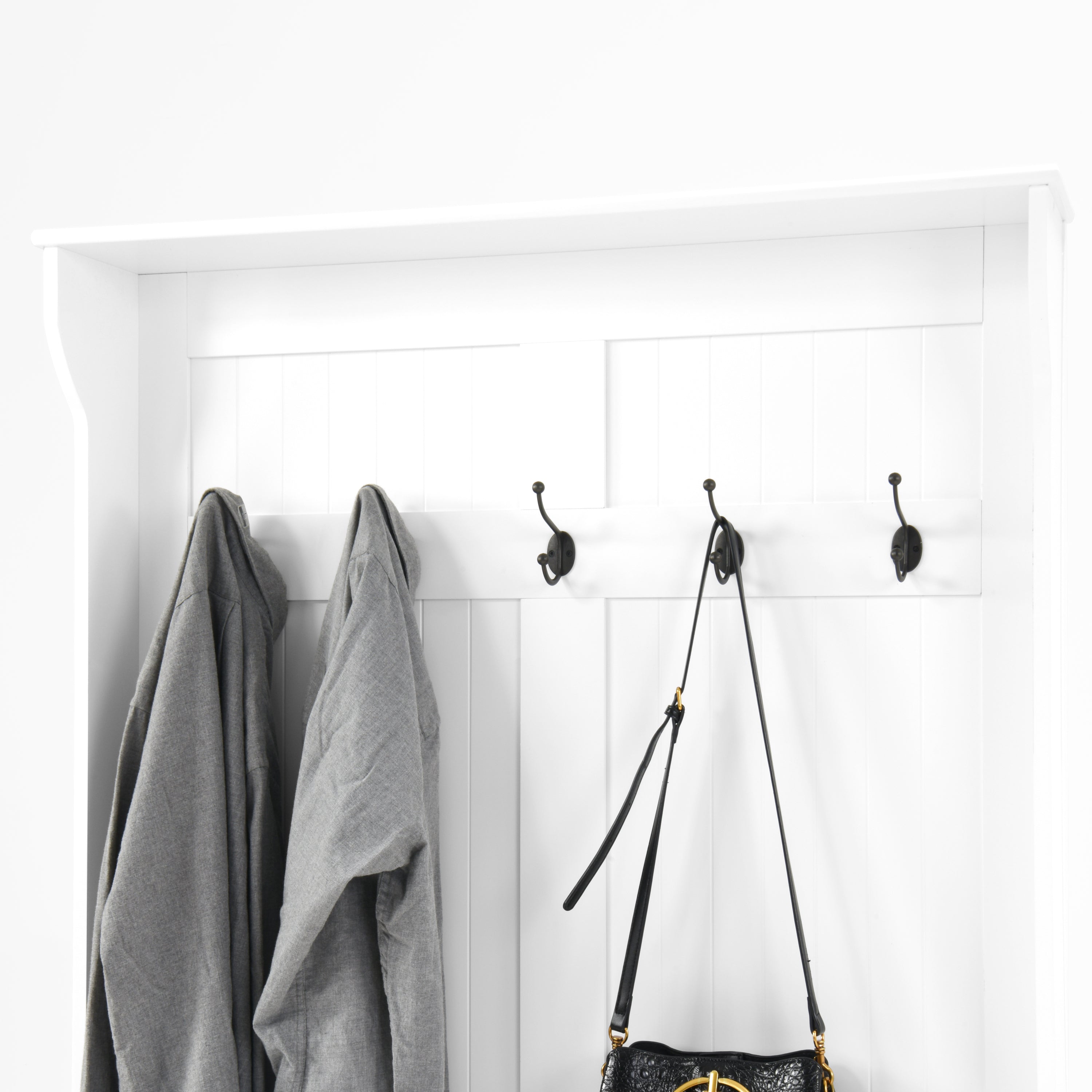 Entryway Bench with Standing Coat Rack, Hall Tree with Shoe Storage Bench, Entryway Organizer with 5 Hooks, White - Grand Goldman Shop