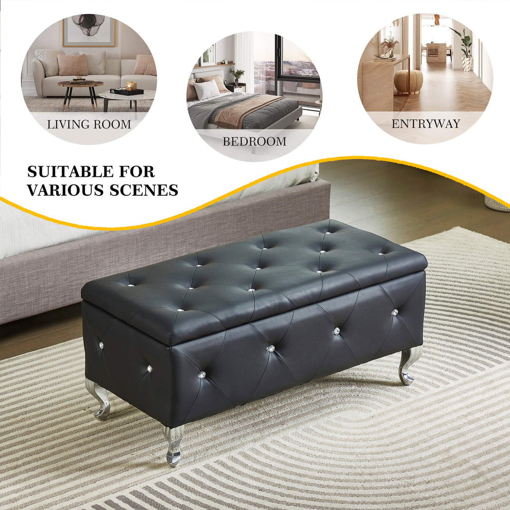 Upholstered Storage Ottoman Bench For Bedroom End Of Bed Faux Leather Rectangular Storage Benches Footrest With Crystal Buttons For Living Room Entryway (Black) - Grand Goldman Shop