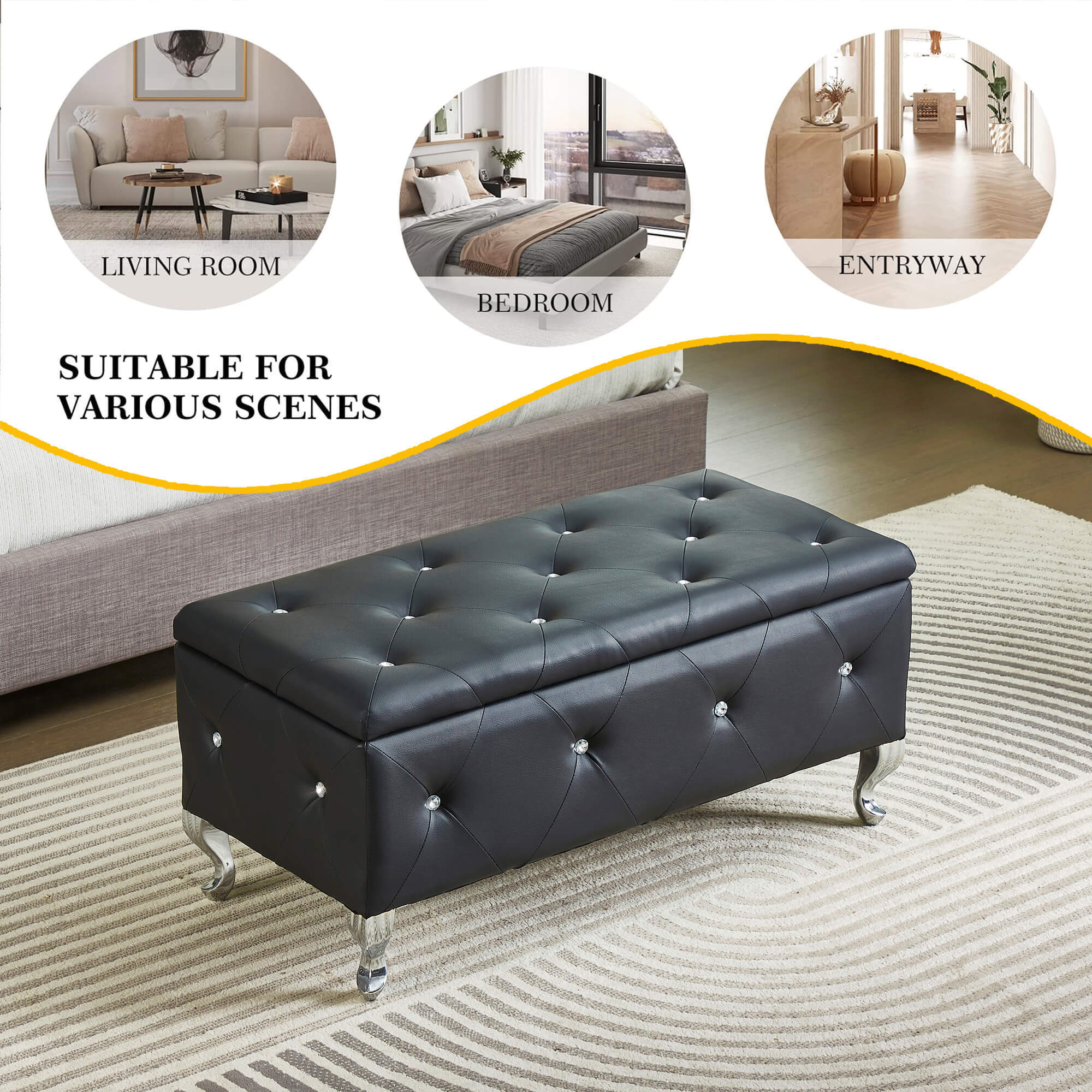 Upholstered Storage Ottoman Bench For Bedroom End Of Bed Faux Leather Rectangular Storage Benches Footrest With Crystal Buttons For Living Room Entryway (Black) - Grand Goldman Shop