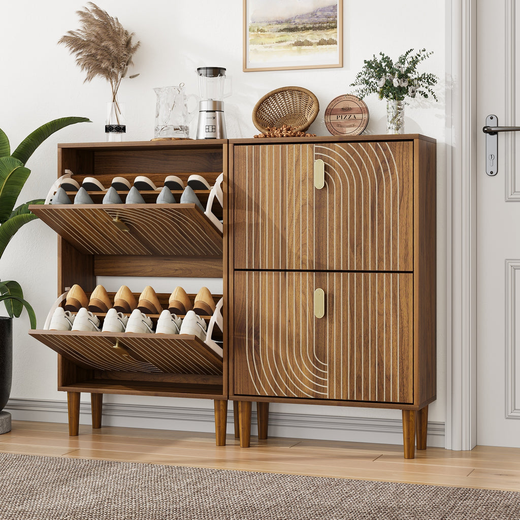 Modern Minimalist Shoe Storage Cabinet with 2 Flip Drawers and Metal Handles in Gold, Particle Board MDF Pine Wood, 23.6'W - Grand Goldman Shop