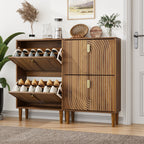 Modern Minimalist Shoe Storage Cabinet with 2 Flip Drawers and Metal Handles in Gold, Particle Board MDF Pine Wood, 23.6'W - Grand Goldman Shop