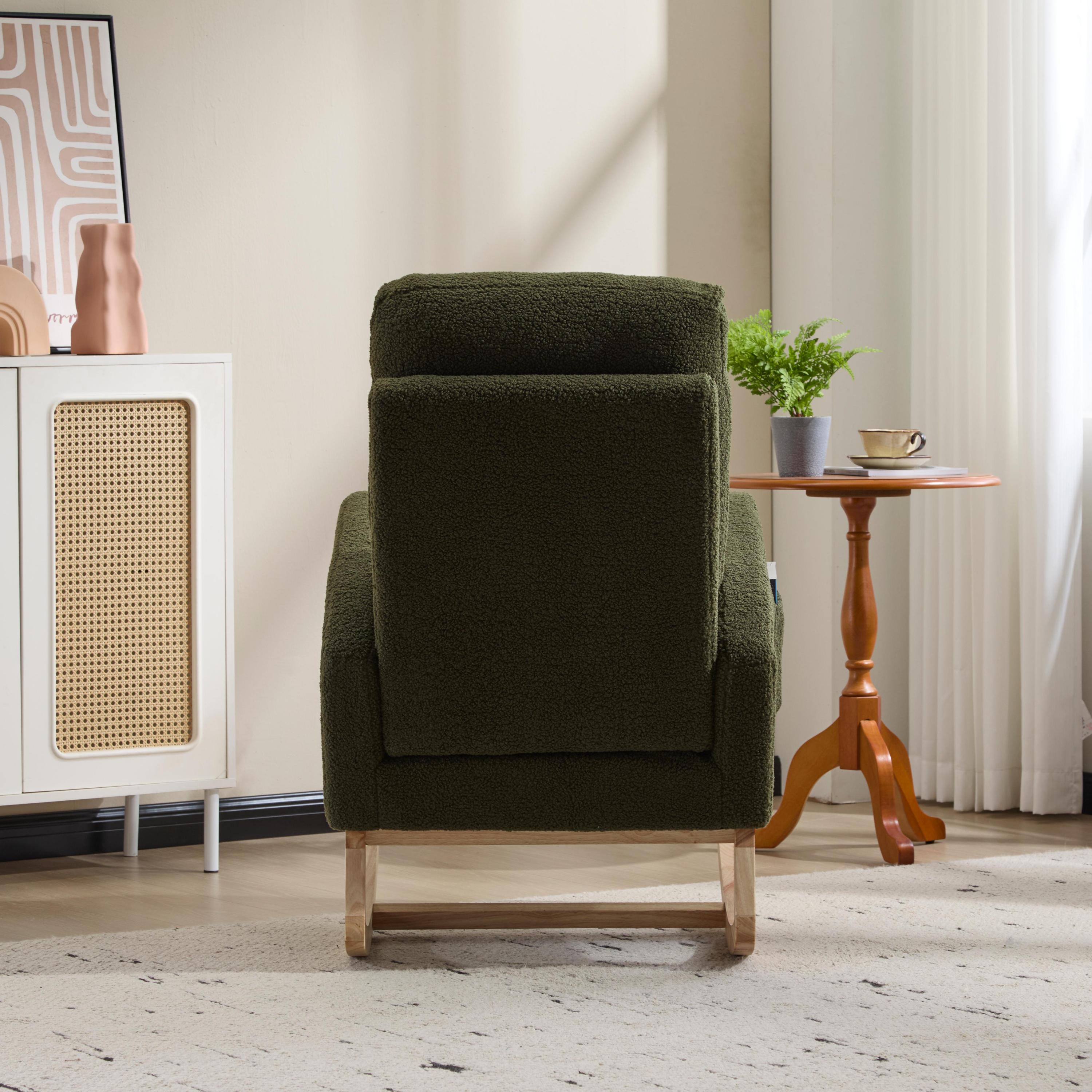 Modern Accent Rocking Chair Rocking Chair with Solid Wood Legs, Upholstered Nursery Glider Rocker, Comfy Armchair with Side Pocket, Living Room Lounge Arm Chair with High Backrest (green,teddy) - Grand Goldman Shop