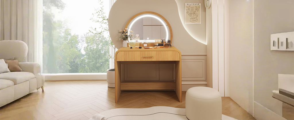 39' Makeup Vanity Table with Mirror Touch Screen Lighted Mirror, Dressing Table with Drawer for Bedroom, Natural - Grand Goldman Shop