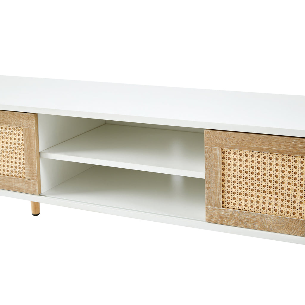 Modern Rattan TV Cabinet with Double Sliding Doors, Adjustable Shelf, Solid Wood Legs, White, 55.12 inches - Grand Goldman Shop