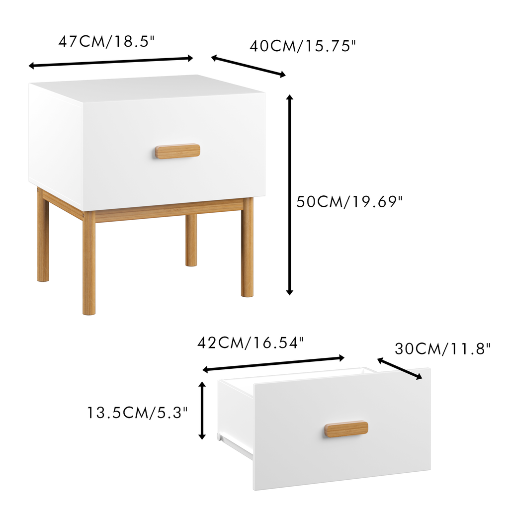 Modern White Nightstand with Drawer and Wood Legs, Minimalist Bedside Table with Handle for Bedroom, Living Room, Apartment - Grand Goldman Shop