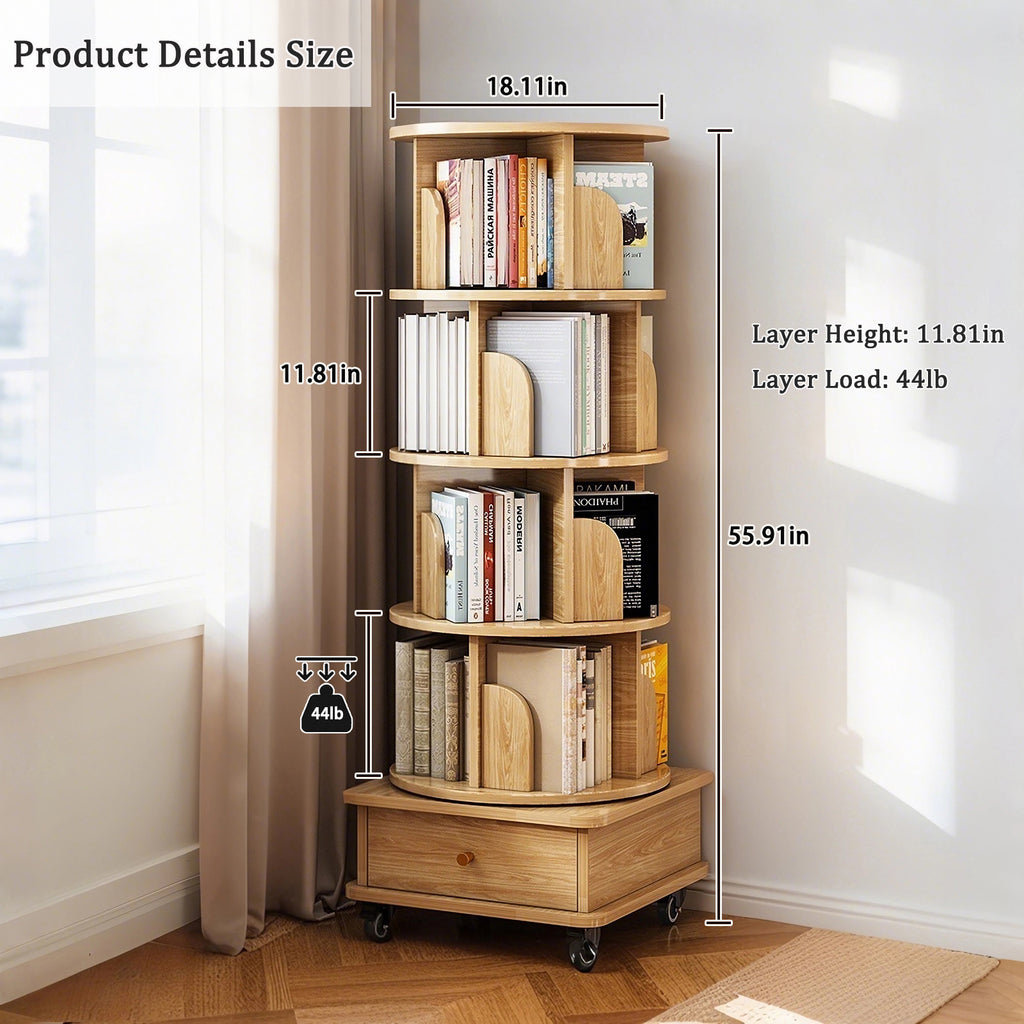 5 Tier Rotating Bookshelf, 360° Display Round Spinning Bookshelf with Wheels, Space-Saving, Small Space Rotating Bookshelf Tower for Bedroom, Living Room, Home, Office, Wood Color - Grand Goldman Shop
