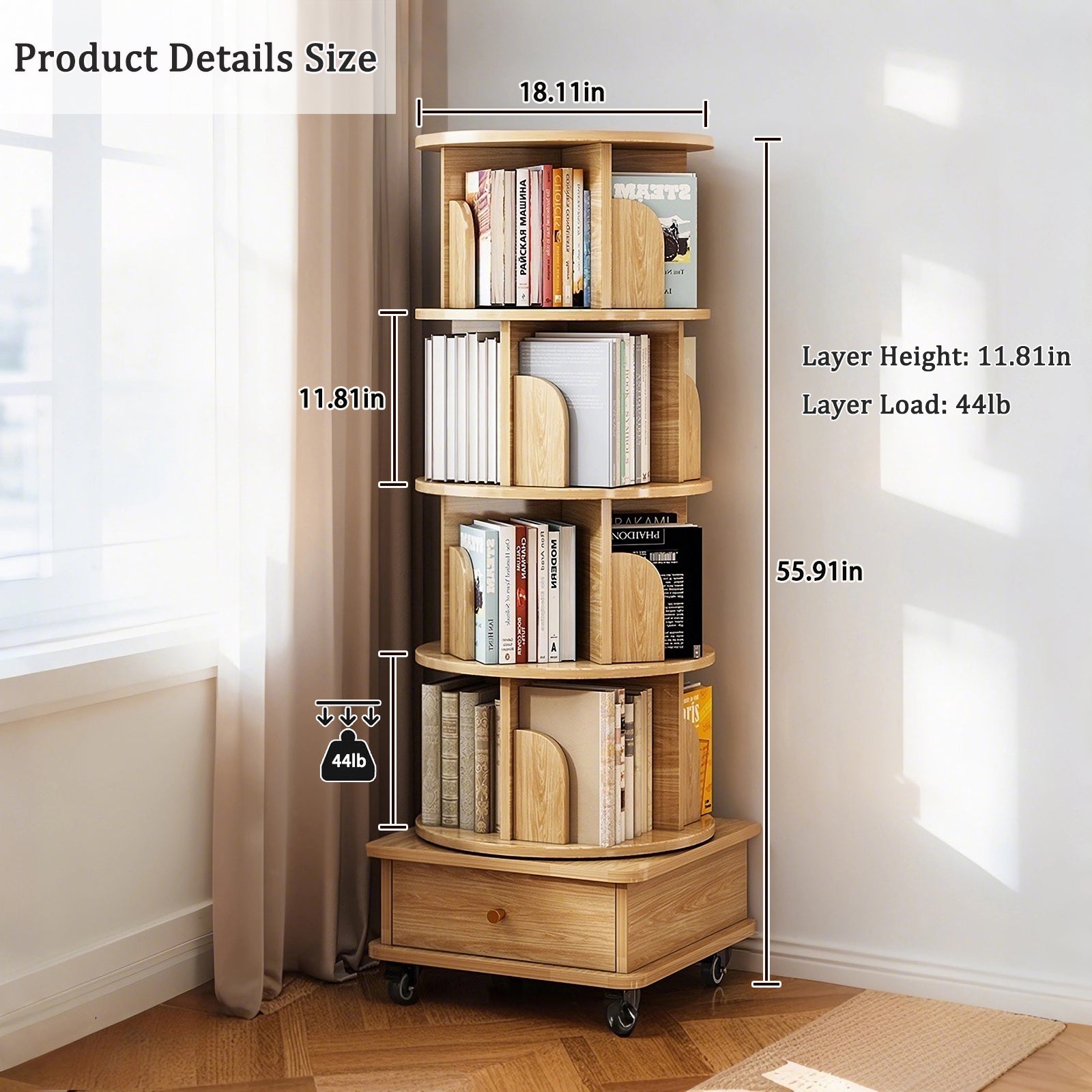 5 Tier Rotating Bookshelf, 360° Display Round Spinning Bookshelf with Wheels, Space-Saving, Small Space Rotating Bookshelf Tower for Bedroom, Living Room, Home, Office, Wood Color - Grand Goldman Shop