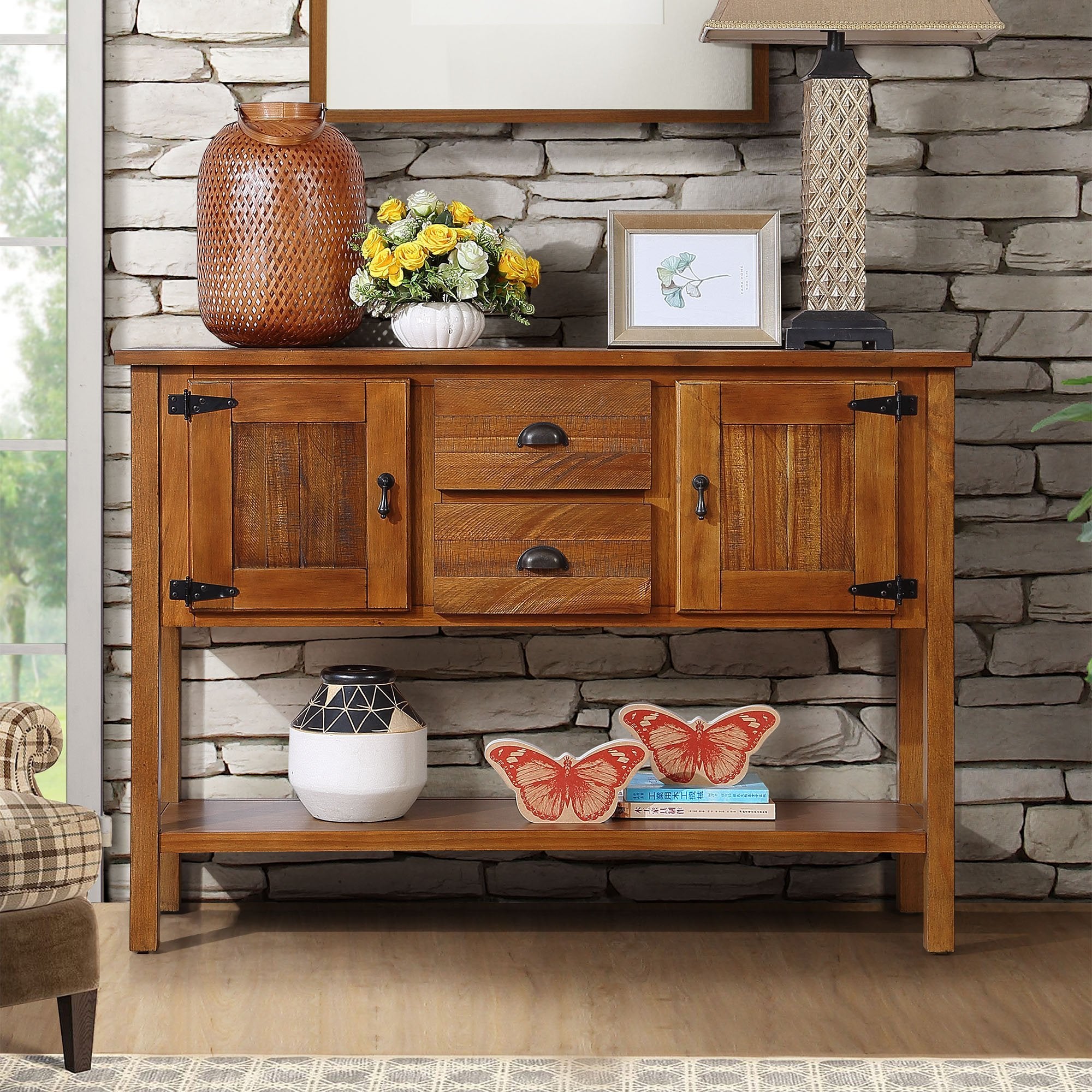 46'' Solid Wood Sideboard Console Table with 2 Drawers and Cabinets and Bottom Shelf, Retro Style Storage Dining Buffet Server Cabinet for Living Room Kitchen Dining Room(Brown) - Grand Goldman Shop
