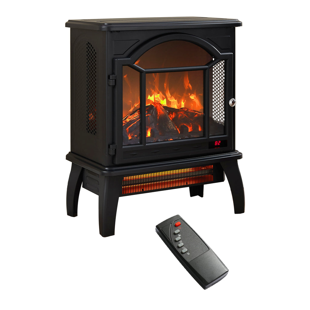Classical Free-Standing 3D Flame Electric Infrared Quartz Fireplace Stove with Remote Control in Antique Black - Grand Goldman Shop