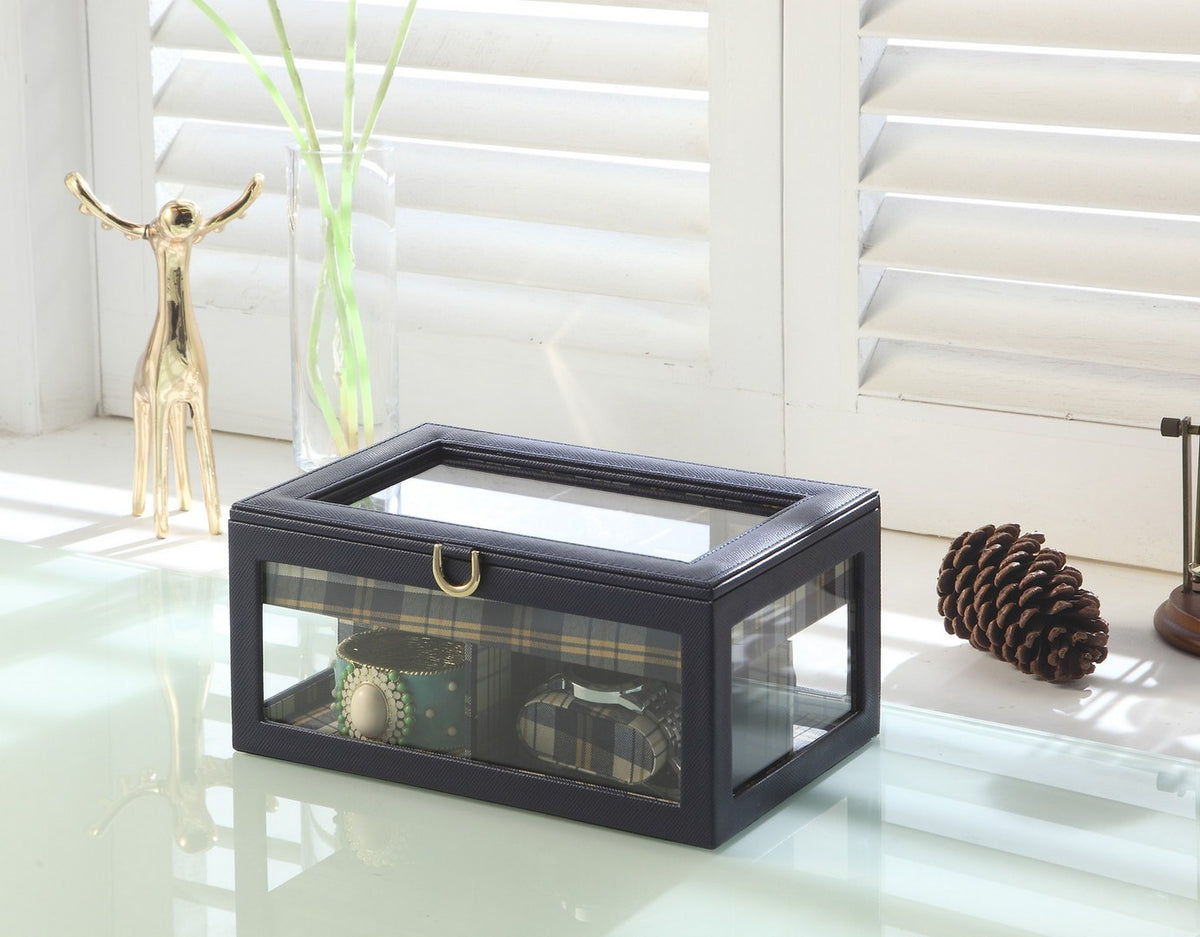 9.8' Long Tempered Glass and Leather Jewelry Case / Watch Display, Blue - Grand Goldman Shop