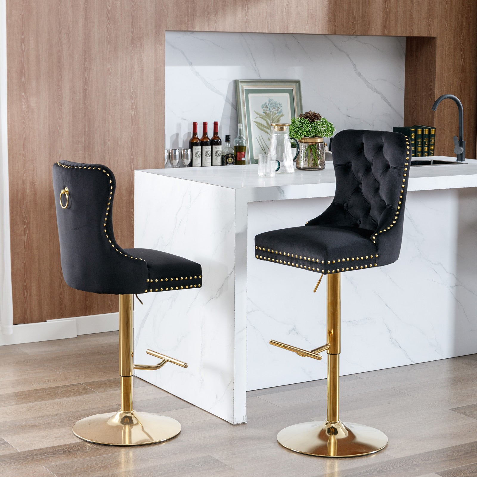 A&A Furniture Modern Swivel Velvet Barstools with Adjustable Seat Height, Comfortable Black Tufted Upholstery, Set of 2 - Grand Goldman Shop