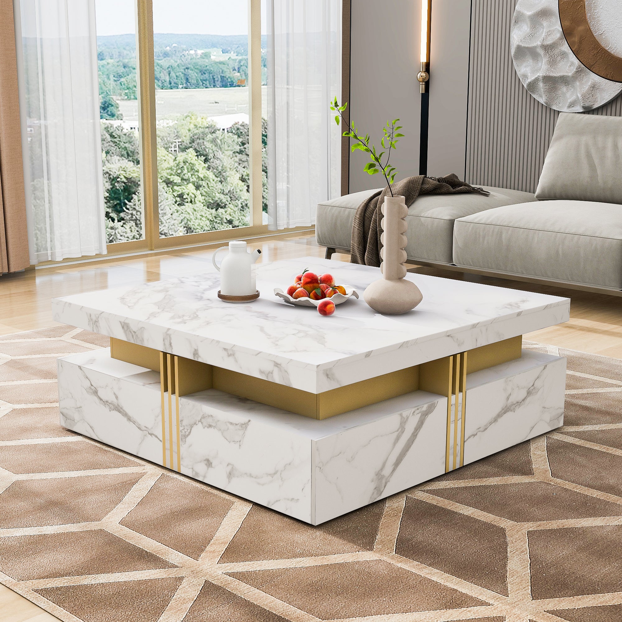 Modern White Square Storage Coffee Table with 4 Drawers - Grand Goldman Shop
