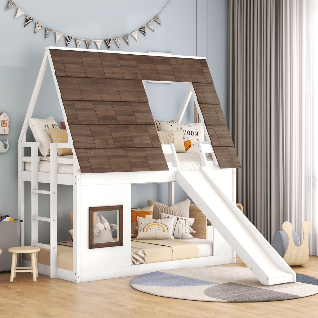 Hearth & Haven Bunk Twin Bed with House Roof, Ladder and Slide, White and Brown - Grand Goldman Shop