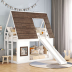 Hearth & Haven Bunk Twin Bed with House Roof, Ladder and Slide, White and Brown - Grand Goldman Shop