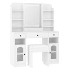 43.2' Vanity Desk with LED Mirror and Lights, Glass Top Vanity with RGB Glass Light Cabinets, Dressing Table with 3 Drawers ,Storage Shelves and Stool for Bedroom, White - Grand Goldman Shop