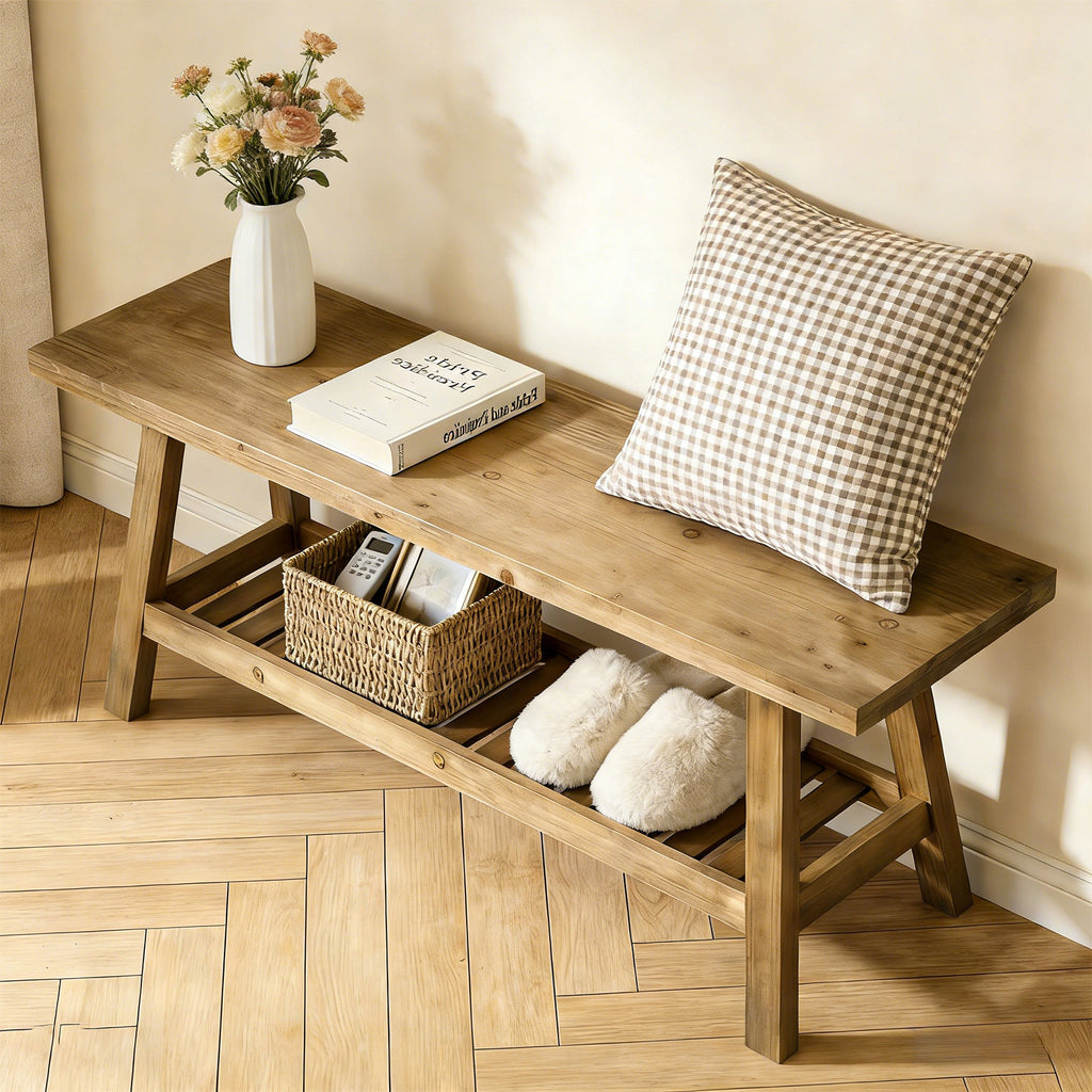 43' Farmhouse Wood Bench, 2-Tier Entryway Bench, Narrow Rustic Storage Bench with Open Storage Shelf for Entryway, Hallway, Living Room, Bedroom, Kitchen, Dining (Distressed Wood Color) - Grand Goldman Shop