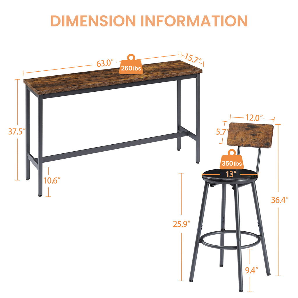 Long Bar Table Set with 3 PU Upholstered Bar Stools, Industrial Bar Table and Chairs for Kitchen Breakfast Table, Living Room, Banquet Hall, Rustic Brown and Black, 63″L x15.7'W x 37.5'H - Grand Goldman Shop