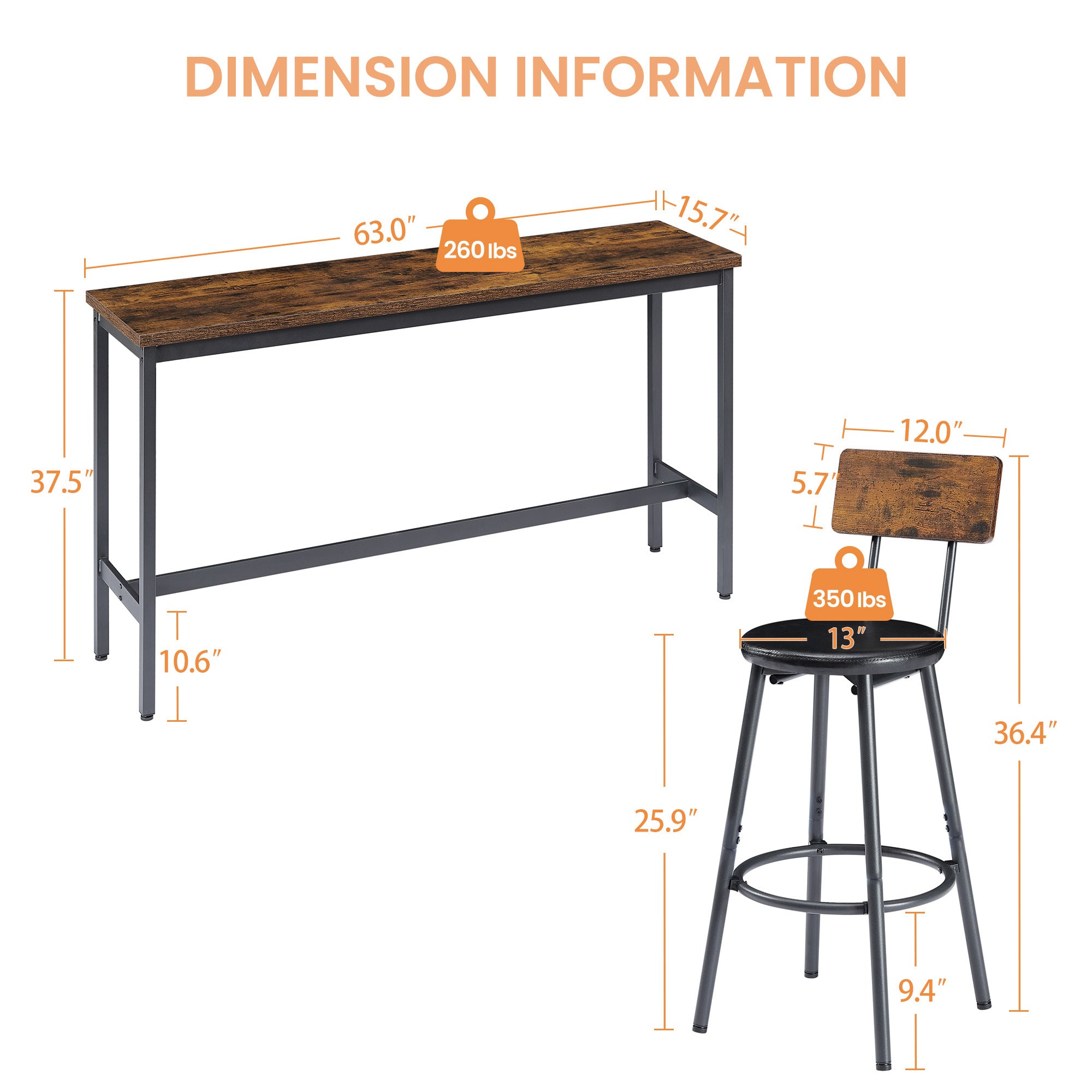 Long Bar Table Set with 3 PU Upholstered Bar Stools, Industrial Bar Table and Chairs for Kitchen Breakfast Table, Living Room, Banquet Hall, Rustic Brown and Black, 63″L x15.7'W x 37.5'H - Grand Goldman Shop