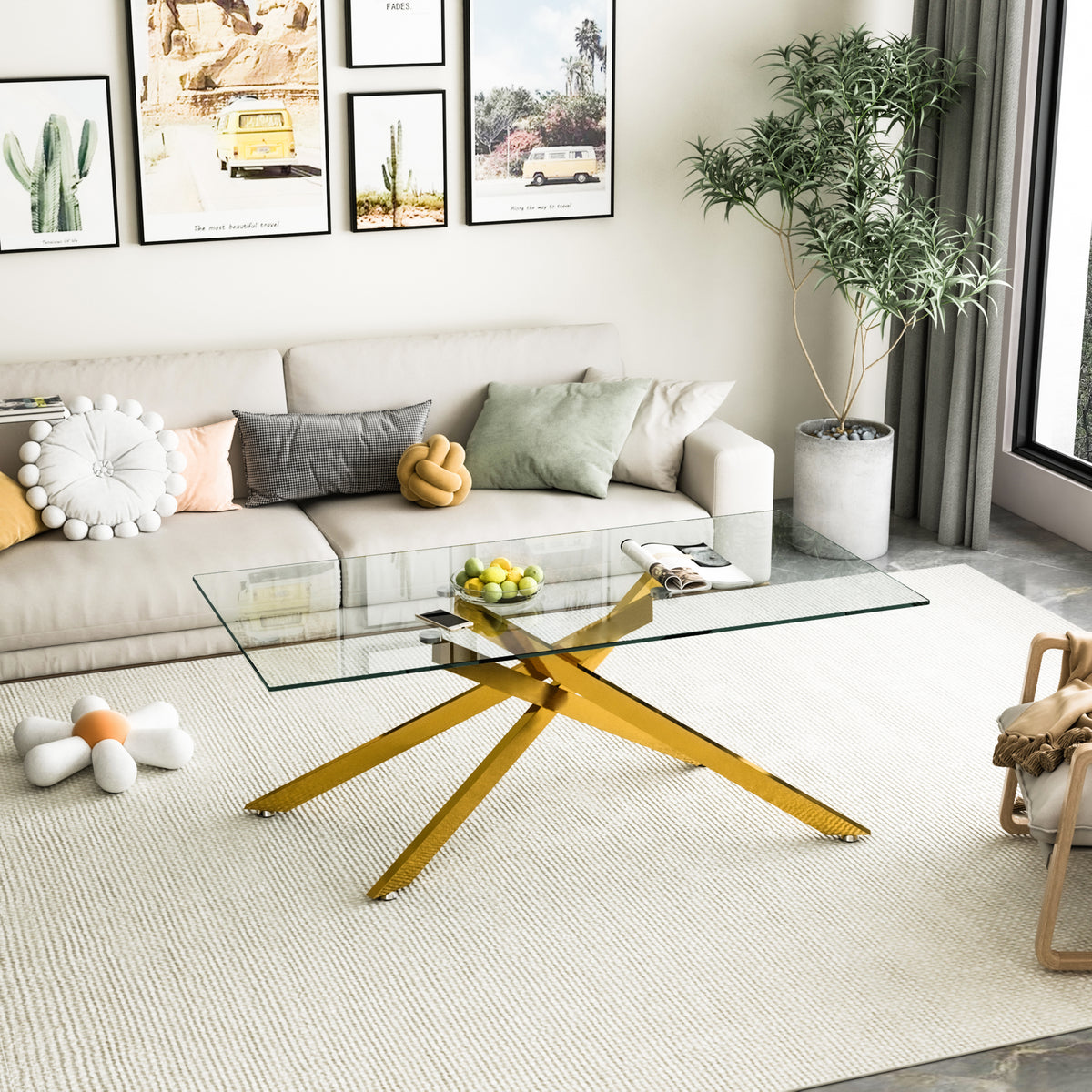 47.2' Rectangular Clear Tempered Glass Coffee Table,Stylish Design with Golden Metal Legs, Coffee Table for Living Room - Grand Goldman Shop