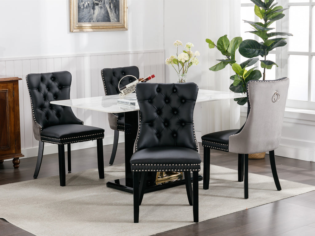 A&A Furniture,Nikki Collection Modern, High-end Tufted Solid Wood Contemporary PU and Velvet Upholstered Dining Chair with Wood Legs Nailhead Trim  2-Pcs Set，Black+Gray, SW2101BG - Grand Goldman Shop