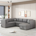 U-shaped Sectional Sofa Pull out Sofa Bed with USB Ports, Power Sockets, Storage Chaise, Light Gray Chenille, 108.6' - Grand Goldman Shop