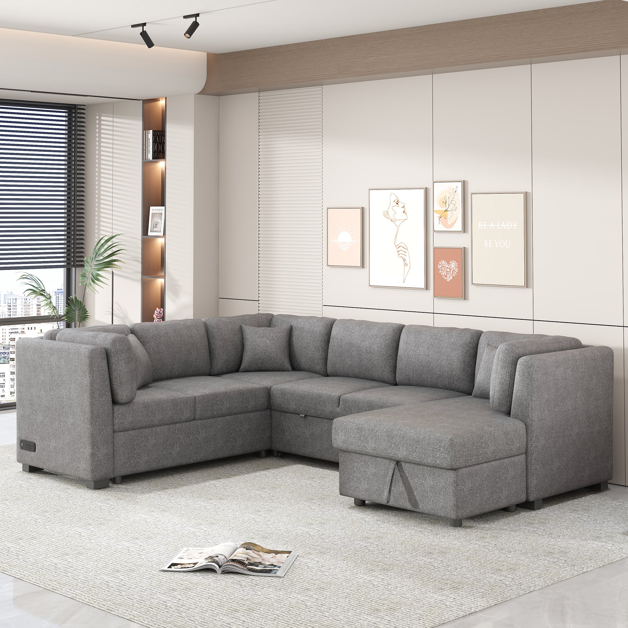 U-shaped Sectional Sofa Pull out Sofa Bed with USB Ports, Power Sockets, Storage Chaise, Light Gray Chenille, 108.6' - Grand Goldman Shop