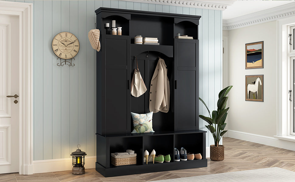 ON-TREND Modern All-in-One Hall Tree with Adjustable Shelves, Classic Arched Farmhouse Storage Bench with Dual Side Cabinets, Elegant Entryway Organizer with 7 Hooks for Mudroom, Hallway, Black - Grand Goldman Shop
