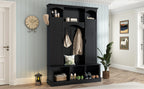 ON-TREND Modern All-in-One Hall Tree with Adjustable Shelves, Classic Arched Farmhouse Storage Bench with Dual Side Cabinets, Elegant Entryway Organizer with 7 Hooks for Mudroom, Hallway, Black - Grand Goldman Shop