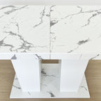 Extendable Dining Room Table for 6-10 Modern White Faux Marble Wooden Expandable Kitchen Table w/Dual Column Pedestal Base, Large Rectangle Dining Table - Grand Goldman Shop