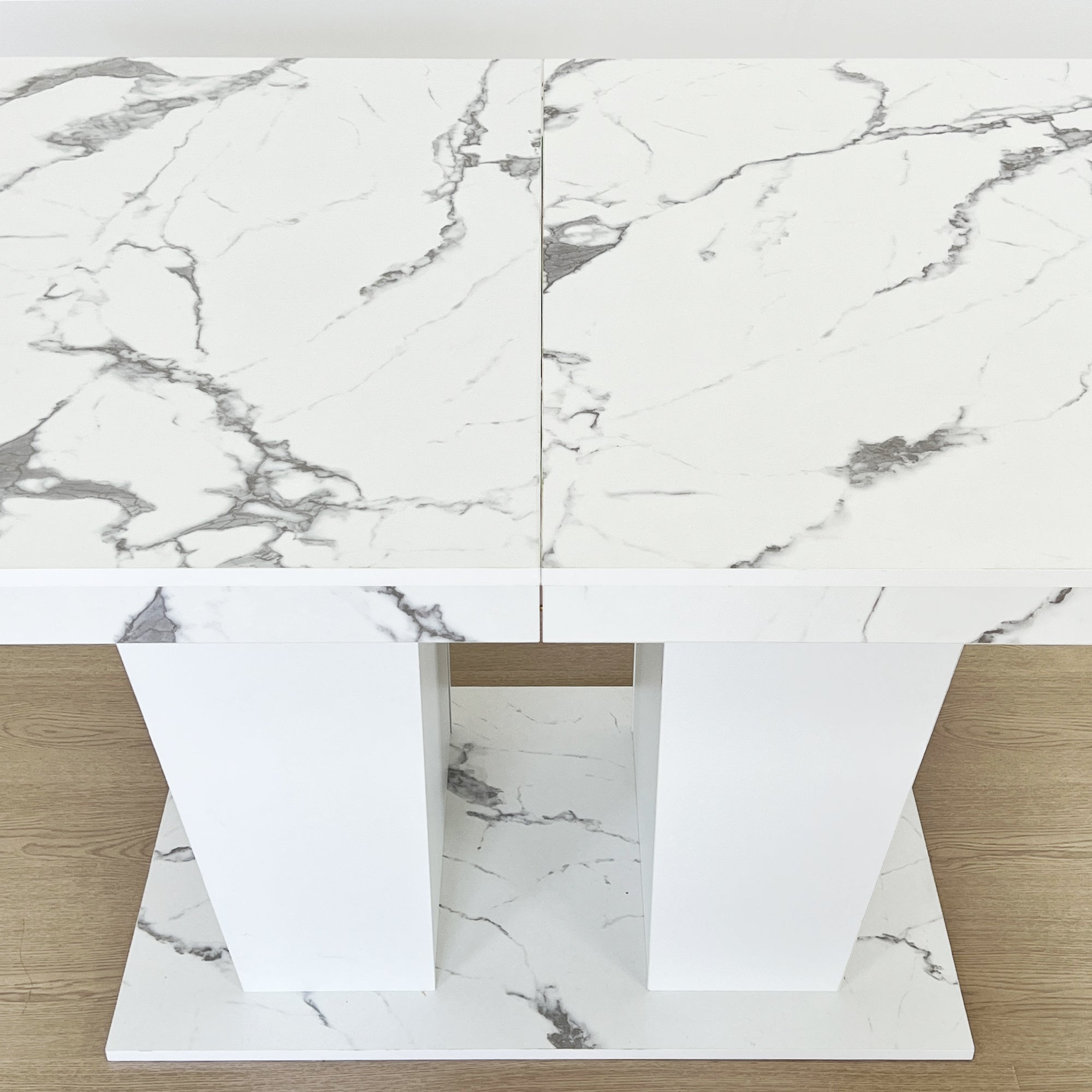 Extendable Dining Room Table for 6-10 Modern White Faux Marble Wooden Expandable Kitchen Table w/Dual Column Pedestal Base, Large Rectangle Dining Table - Grand Goldman Shop
