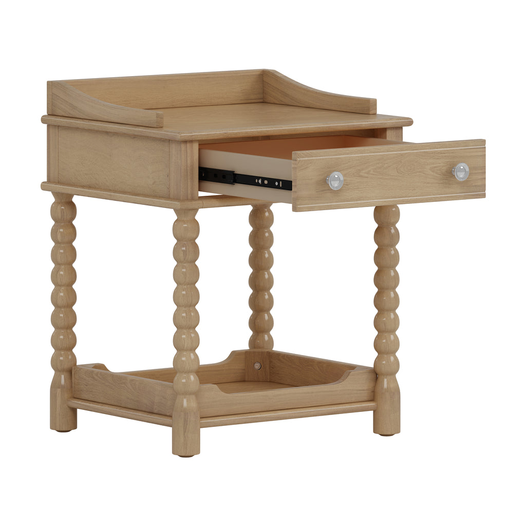 Retro Style Nightstand with Drawer and Open Shelf for Bedroom, Bedside Table with Turned Legs and Metal Handle,Natural - Grand Goldman Shop