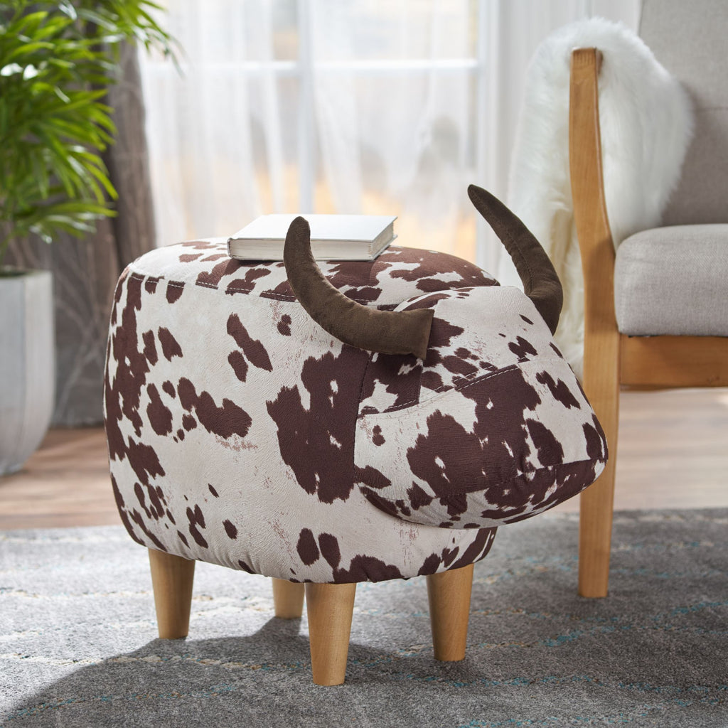 Cow-Shaped Modern Ottoman Footstool in Brown and White Fabric with Velvet Horns, Birch Legs, 25.25 x 14.00 x 16.75 inches - Grand Goldman Shop