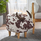 Cow-Shaped Modern Ottoman Footstool in Brown and White Fabric with Velvet Horns, Birch Legs, 25.25 x 14.00 x 16.75 inches - Grand Goldman Shop