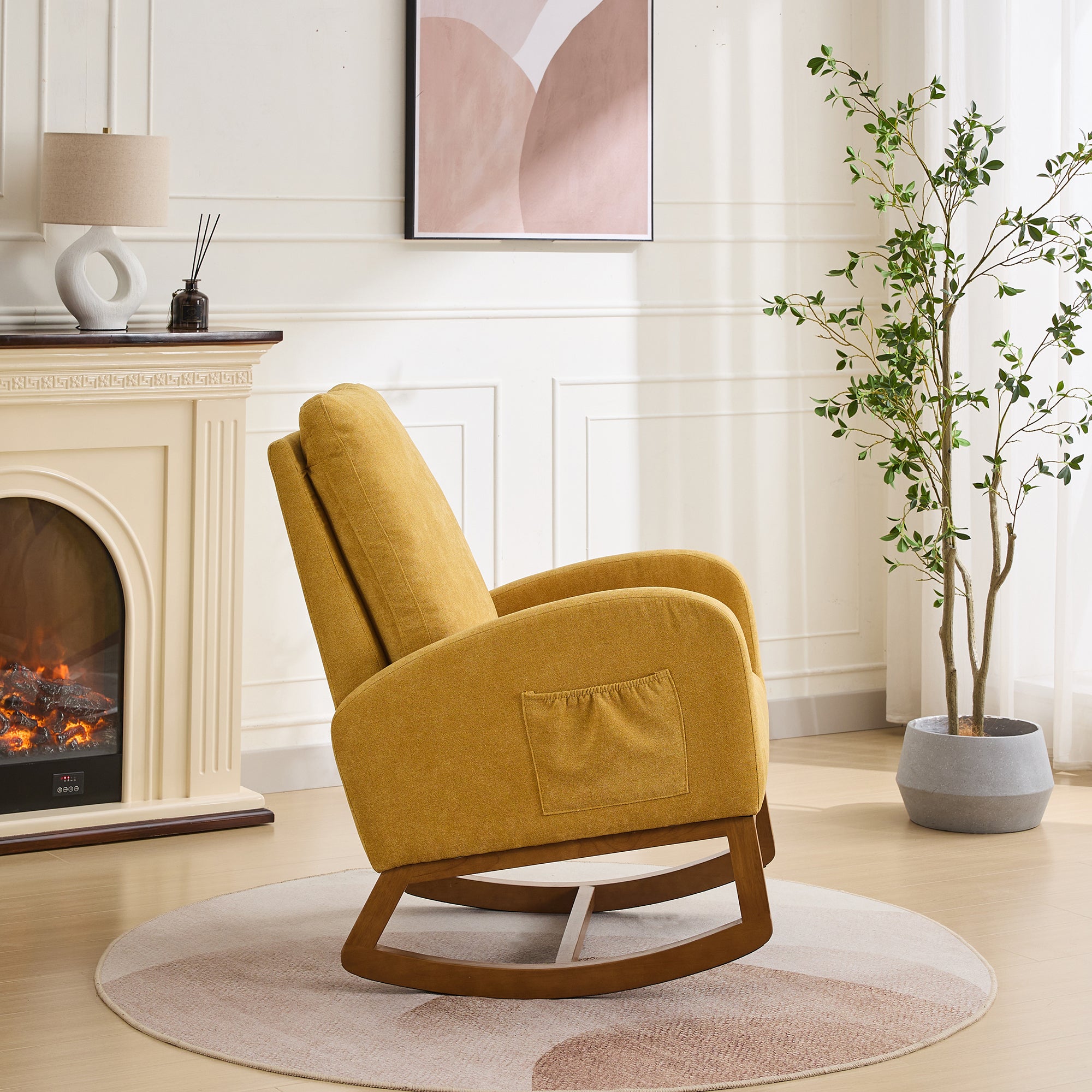 27.2'W Rocking Chair for Nursery, Polyester Glider Chair with High Back and Side Pocket, Rocking Accent Armchair with Rubber Wood Legs for Living Room/Bedroom.Mustard - Grand Goldman Shop