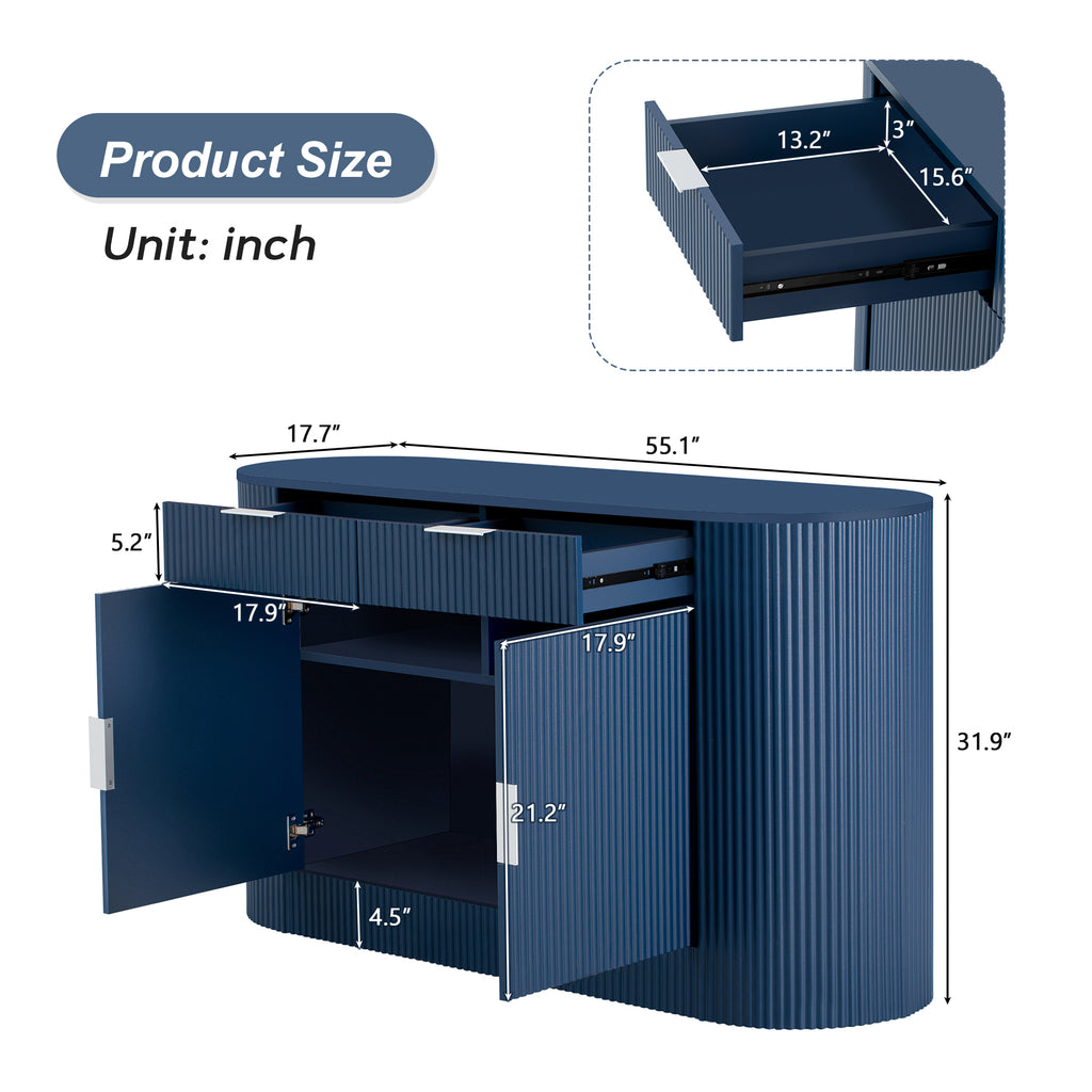 U_STYLE 55.1' Modern Storage Cabinet – 2 Doors & 2 Drawers, Stripe MDF Sideboard with Aluminum Handles, Curved Side Door & 3-Tier Shelves, Buffet Cabinet for Living Room, Bedroom, Dining Room - Grand Goldman Shop