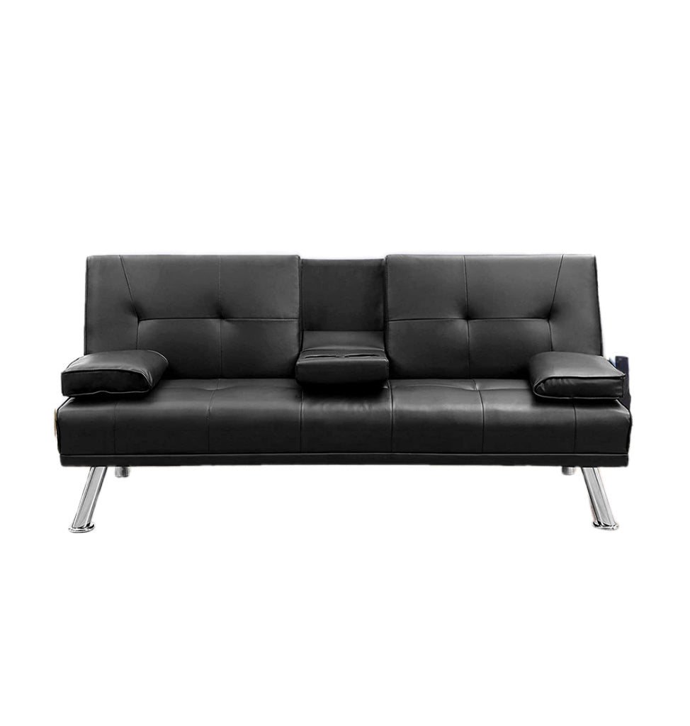 MEGA Futon Sofa Bed, Modern Faux Leather Convertible Folding Lounge Sofa for Living Room with 2 Cup Holders Removable Soft Armrests and Sturdy Metal Legs, Charming Black. - Grand Goldman Shop