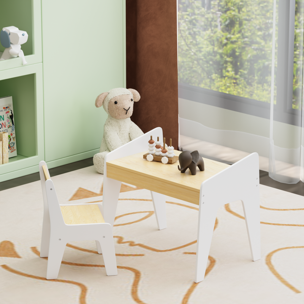 Kids Table Set with One Chair, Wooden Children Study Table, 2-8  Age Kids Funiture , White+Natural - Grand Goldman
