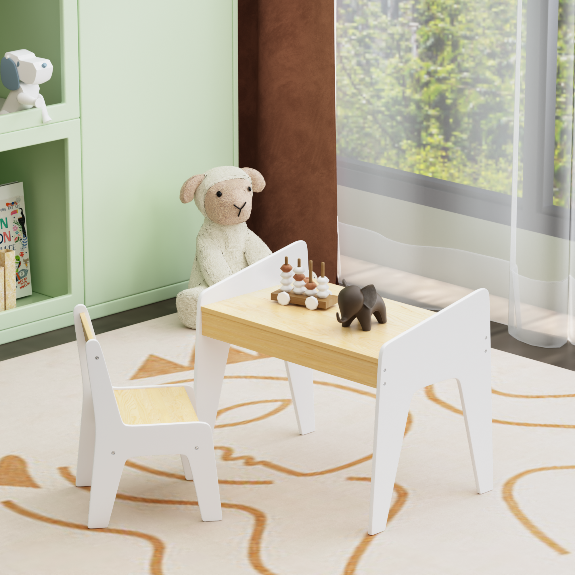 Kids Table Set with One Chair, Wooden Children Study Table, 2-8  Age Kids Funiture , White+Natural - Grand Goldman