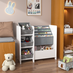 Kids Bookshelf and Toy Storage Organizer, Multifunctional 4-Tier White MDF Bookshelf with 3 Collapsible Fabric Drawers for Nu