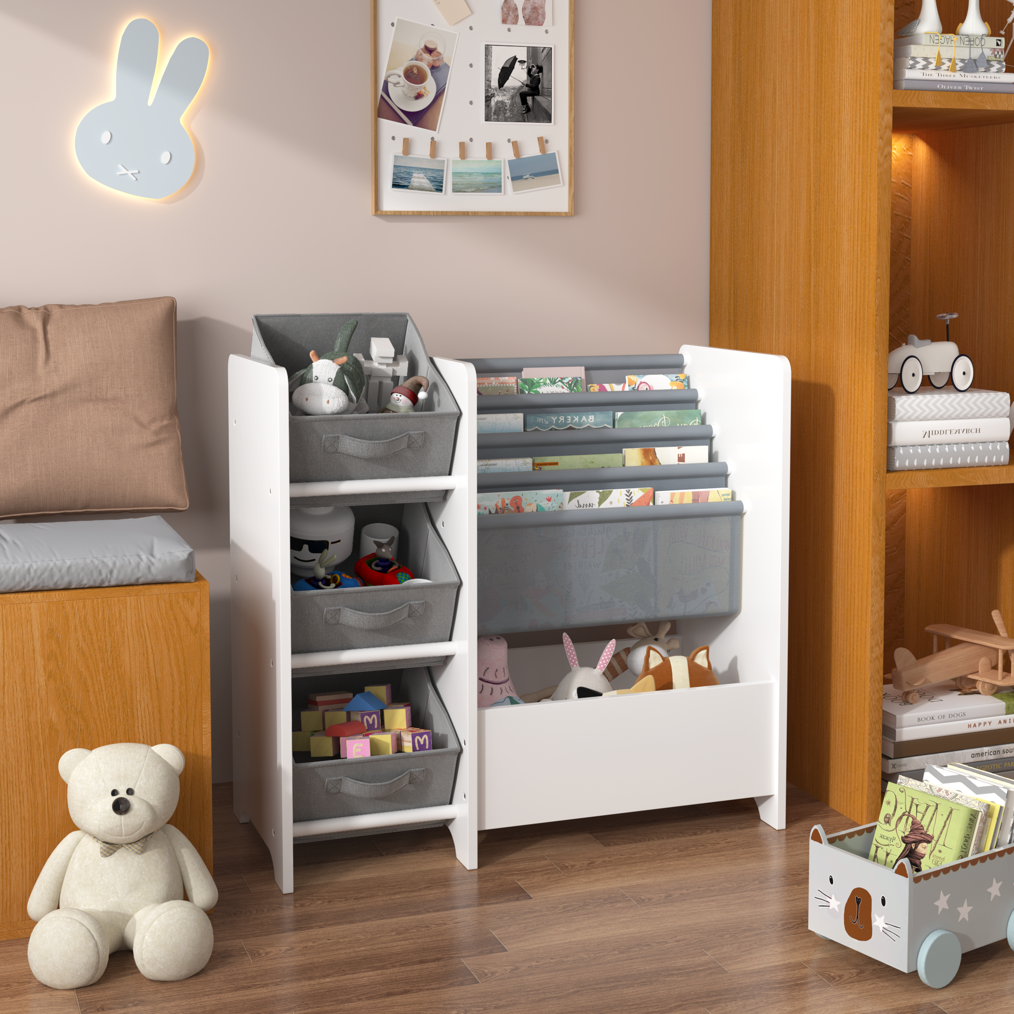 Kids Bookshelf and Toy Storage Organizer, Multifunctional 4-Tier White MDF Bookshelf with 3 Collapsible Fabric Drawers for Nu