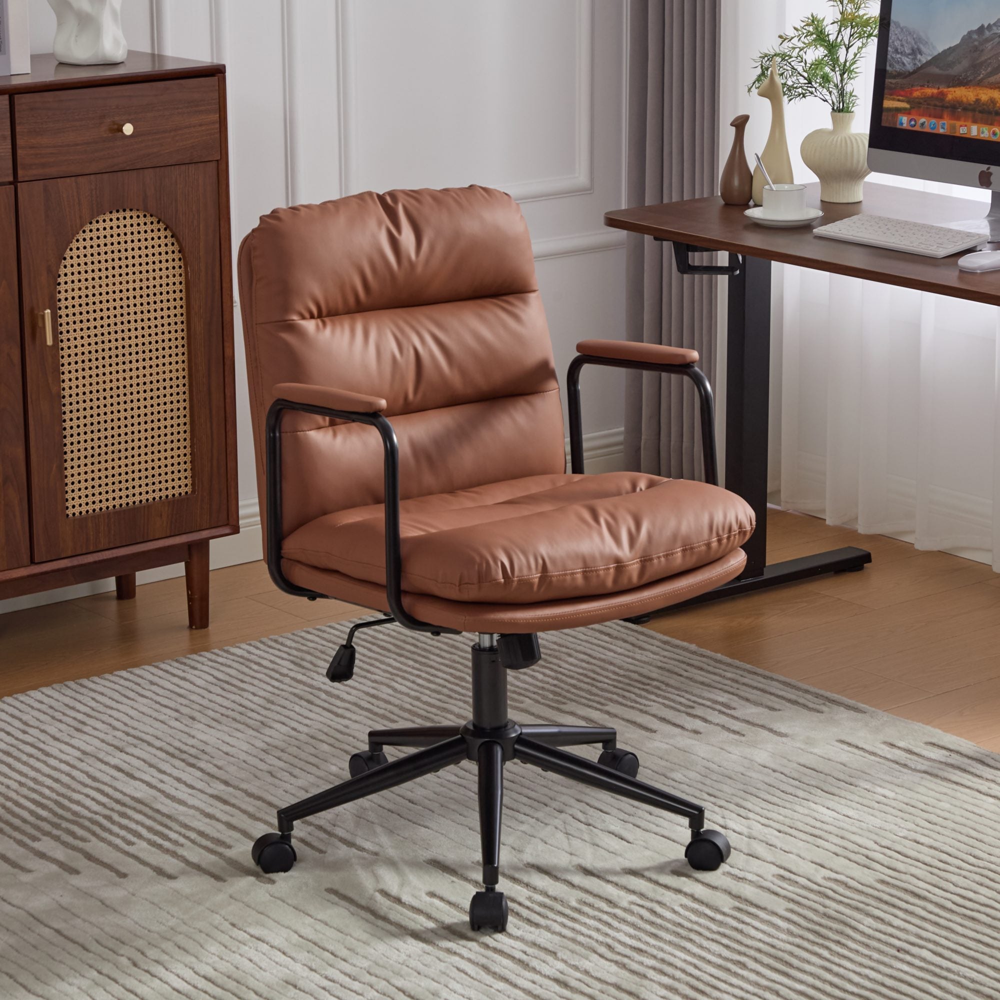 Office Chair,Mid Back Home Office Desk Task Chair with Wheels and Arms Ergonomic PU Leather Computer Rolling Swivel Chair wit