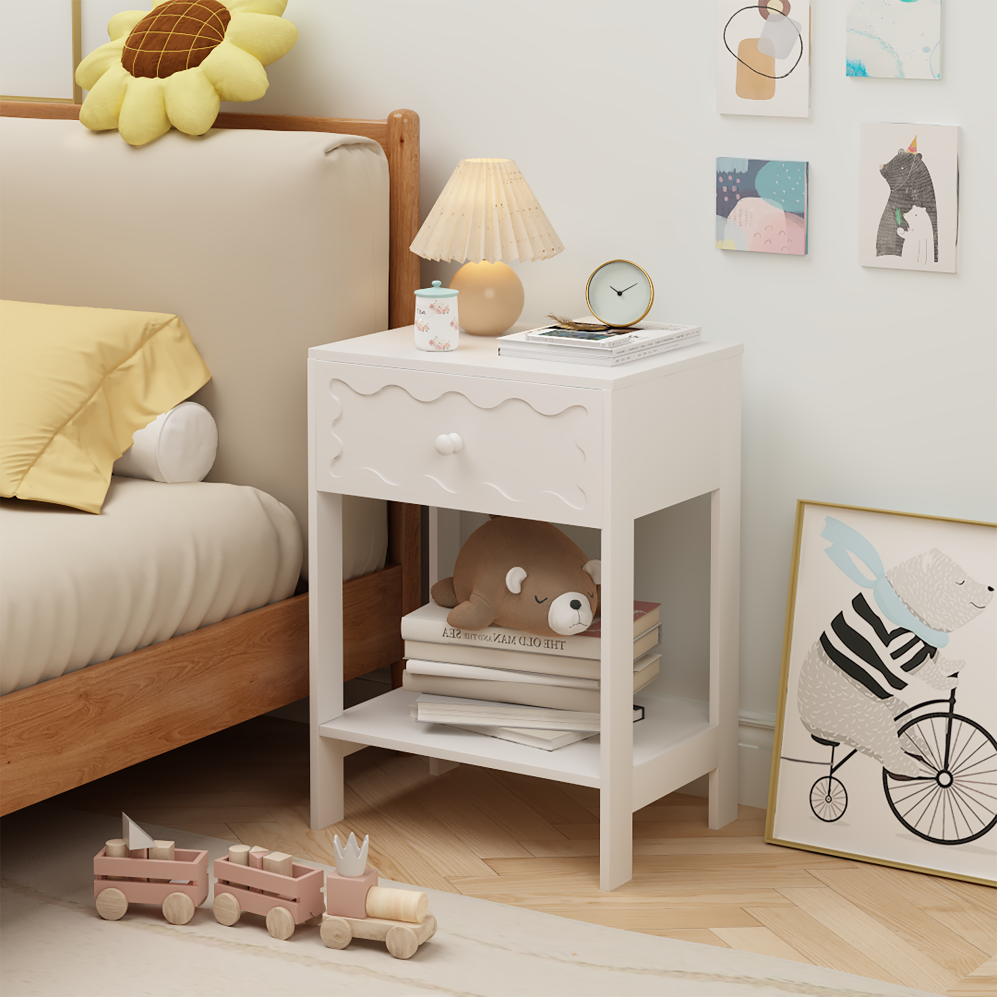 White Nightstand with Drawer and Open Shelf, Modern Wave Pattern Bedside Table, Solid Wood Frame End Table for Bedroom, Living Room, Small Spaces - Grand Goldman Shop