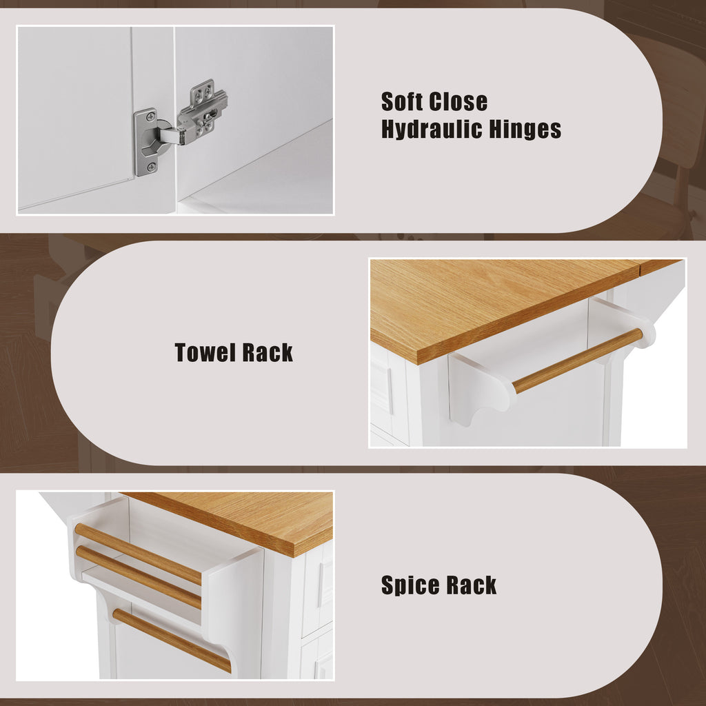 K&K 52'' Kitchen Island with Drop Leaf, Embossed Texture Kitchen Island on Wheels with Spice Rack, Towel Rack, 2 Doors and 5 Drawers, Kitchen Storage Cart with Adjustable Shelf for Kitchen, White - Grand Goldman Shop