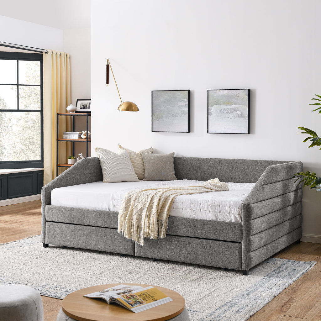 Upholstered Tufted Queen Size Daybed with Two Drawers Trundle, Linen Fabric, Grey, 88'x64.5'x34' - Grand Goldman Shop